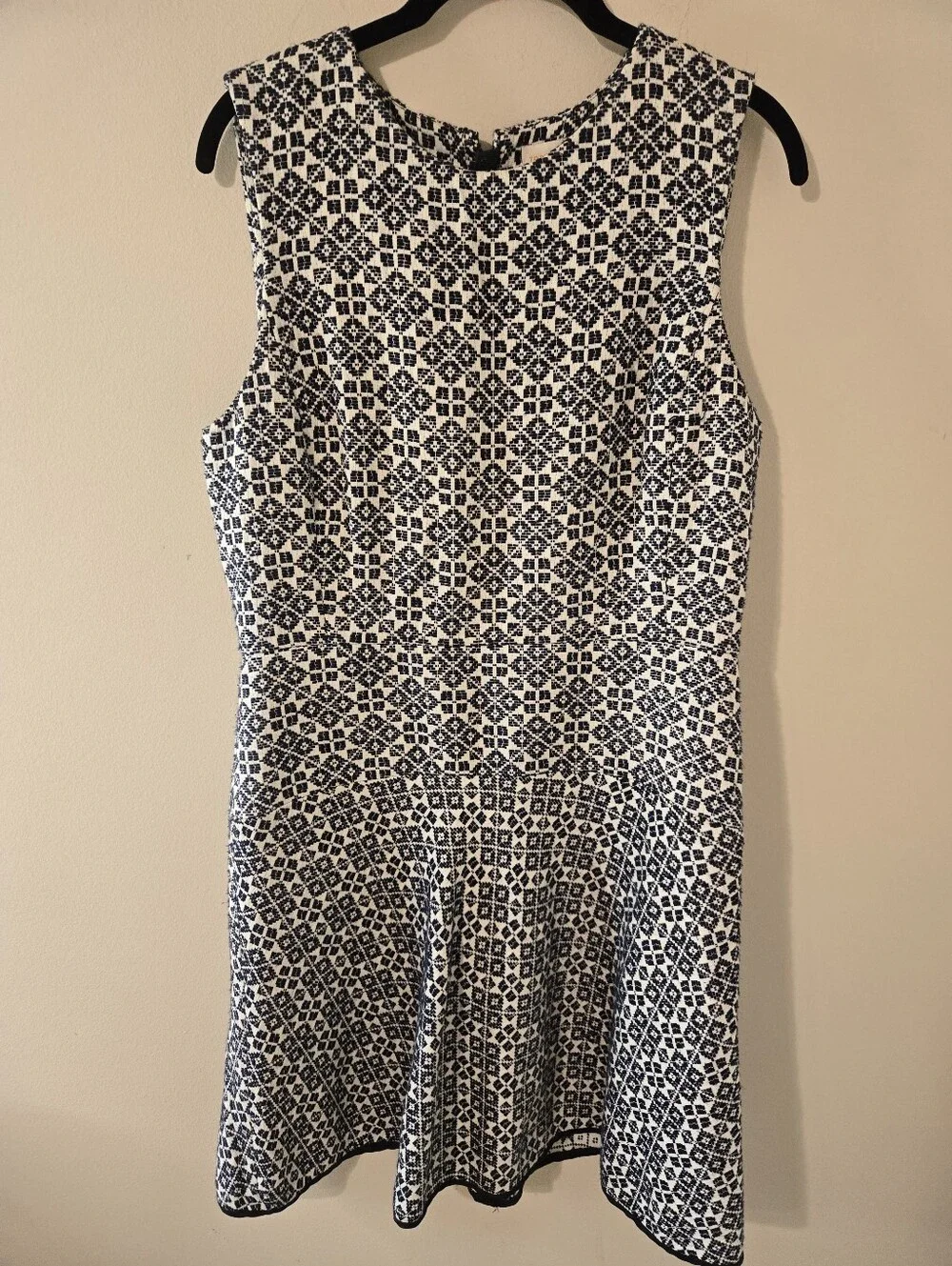 Tory Burch Size 10 Navy Ivory Geometric Jacquard Fit & Flare Dress Sleeveless